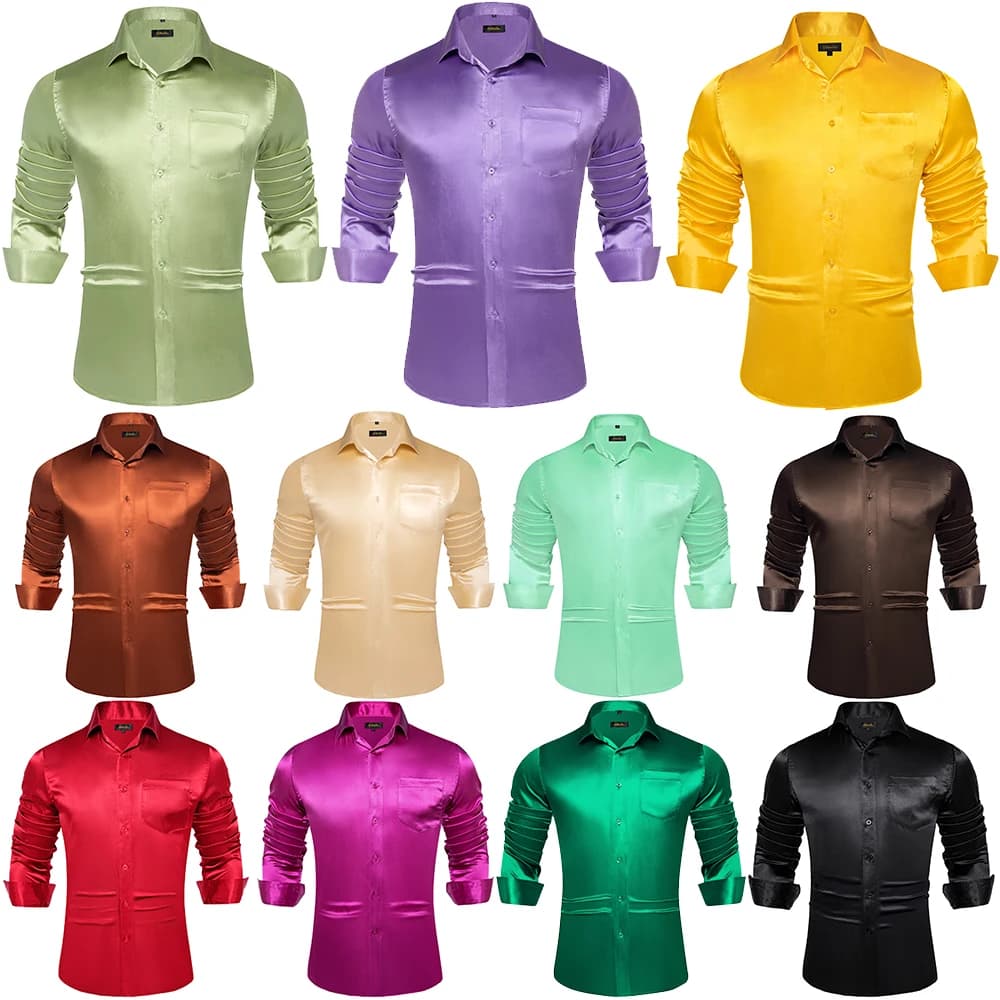 Chemises en satin uni pour hommes – Vert sauge, noir, jaune, rouge – Chemises habillées à manches lo