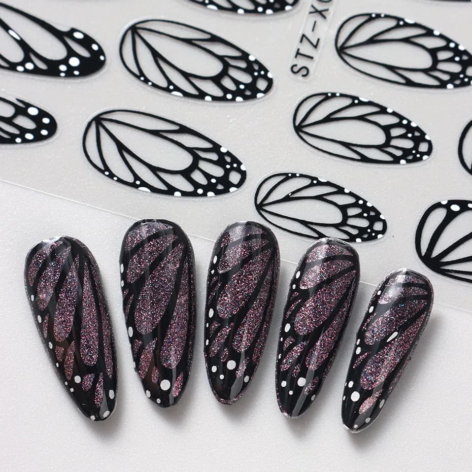 Autocollants pour ongles ailes de papillon noires, 2 pièces, modèles élégants pour ongles de printem