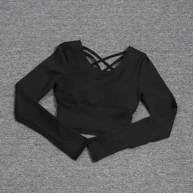 Dos creux pour femme avec soutien-gorge intégré, haut de yoga à manches longues, soutien-gorge une p