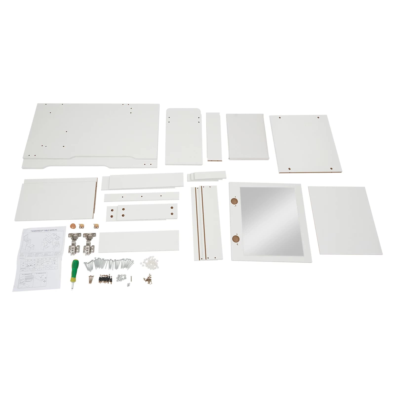 Petit coiffeuse blanc avec miroir rabattable, rangement caché, ensemble de coiffeuse avec plateau en