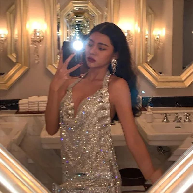 Robe dos nu en strass scintillants, Sexy, décolleté en V profond, sans manches, fendue sur le côté, 