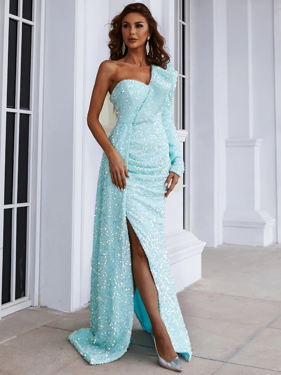 Robe de soirée Missord bleu clair à sequins pour femme, asymétrique à une épaule, manches longues, v