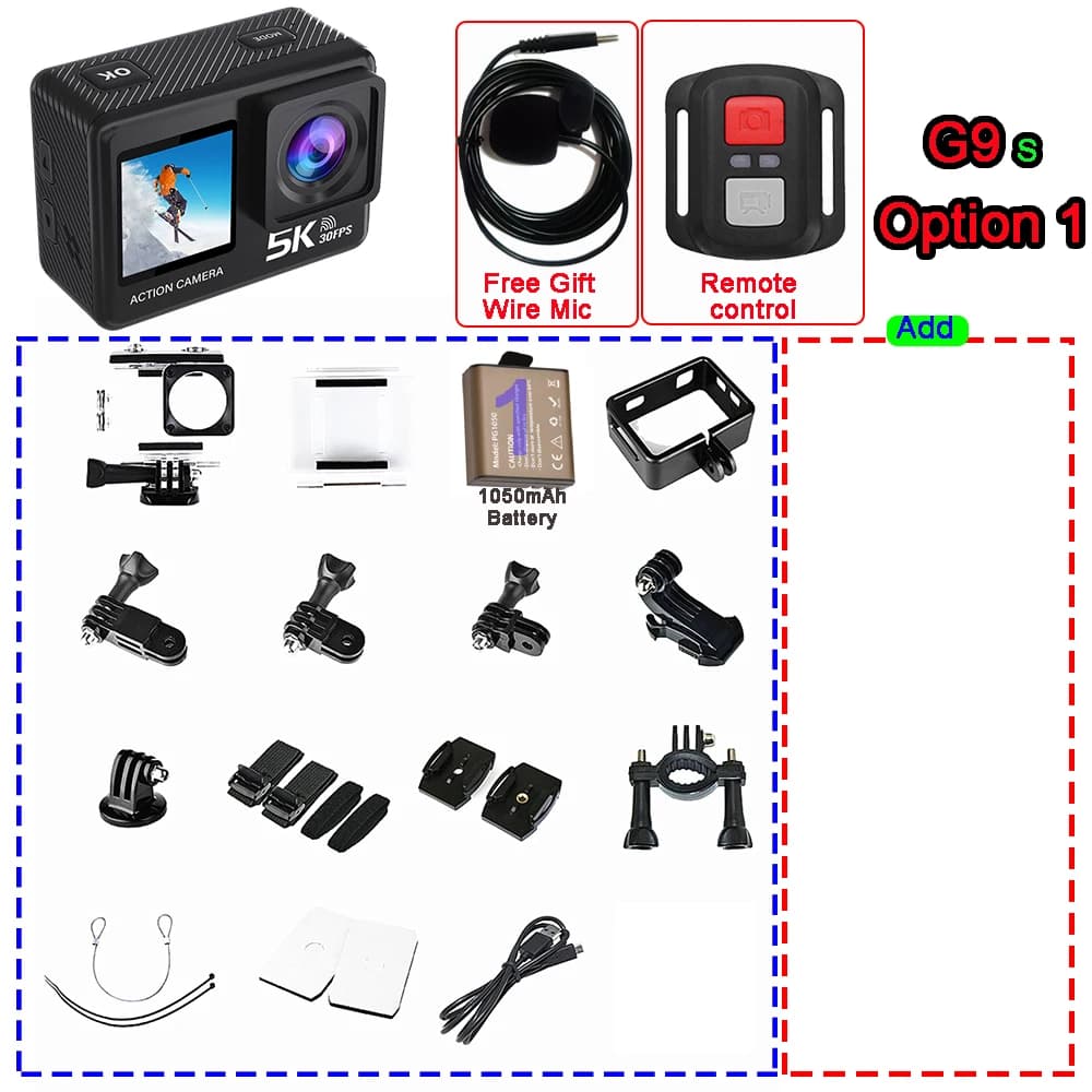 Caméra d'action G9SE 5K30fps 4K60fps 50MP 2.0 tactile LCD EIS DVR Webcam double écran Wi-Fi 170D éta