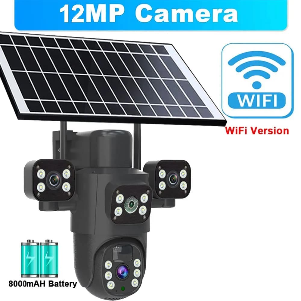 Caméra solaire 4G/WiFi, écran à trois objectifs pour l'extérieur, batterie faible puissance 12MP 6K,
