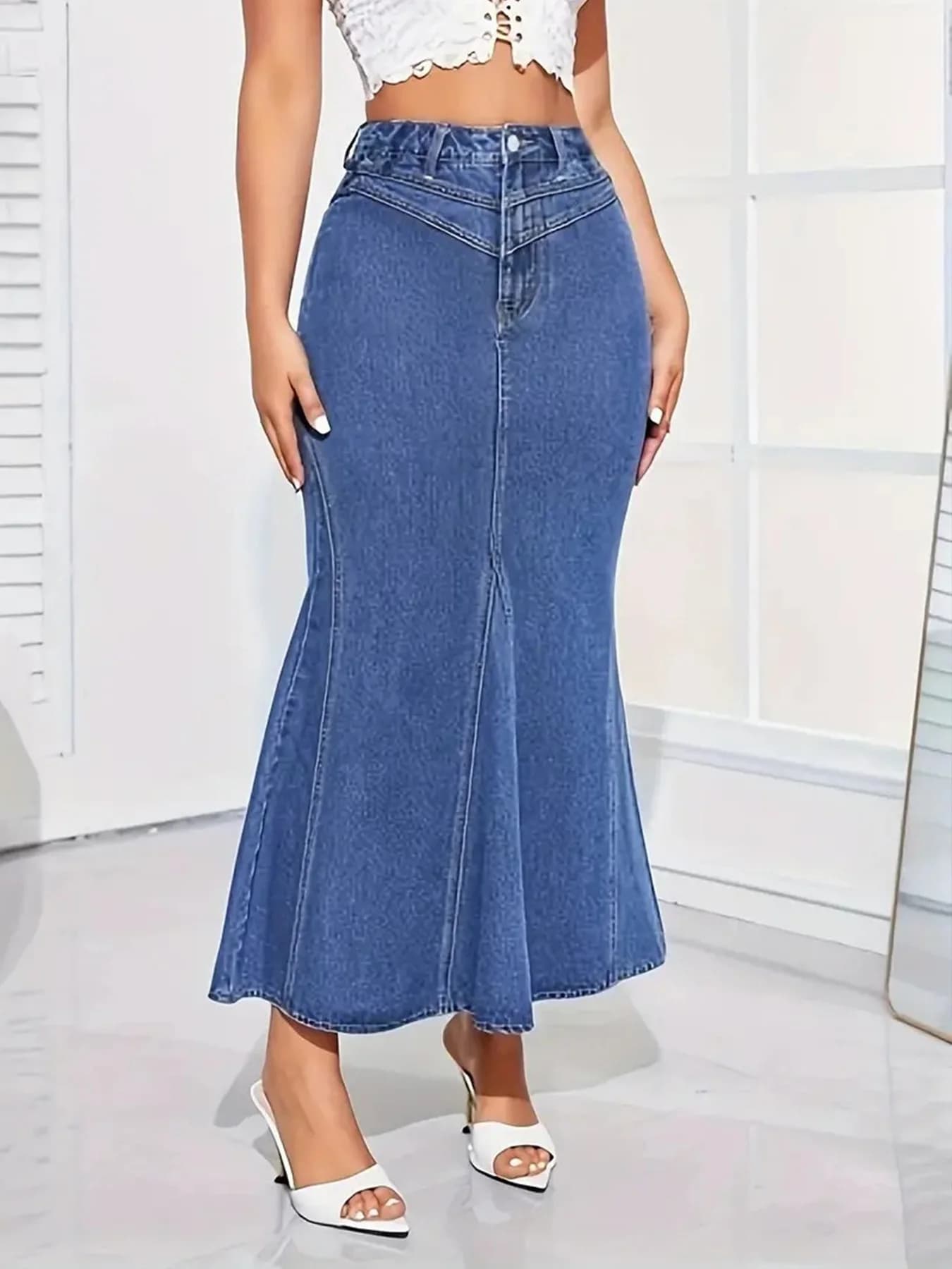 Jupe queue de poisson en jean rétro pour femmes, coupe ajustée, taille moyenne, élastique, demi-jupe