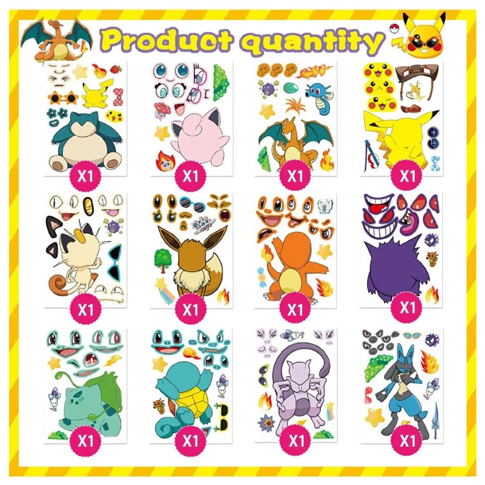 6/12 feuilles mignon Pokemon Puzzle Anime autocollants bricolage faire un visage assembler drôle des