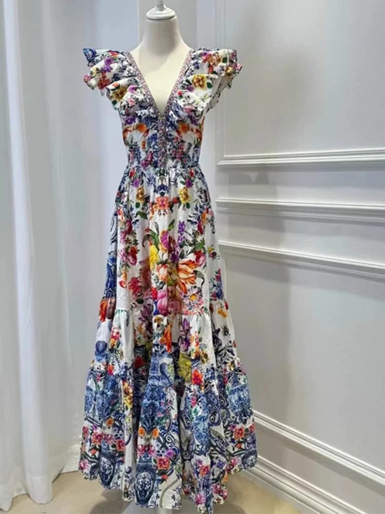 Robe rétro sexy à col en V profond pour femmes, manches Feifei imprimées, jupe haute, nouvelle robe 