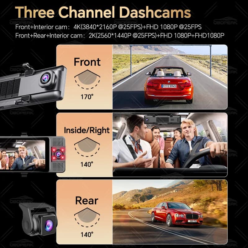 OBDPEAK Caméra embarquée 3 caméras 4K DVR Voiture Avant Intérieur Arrière 1080P Suivi GPS Vision Noc