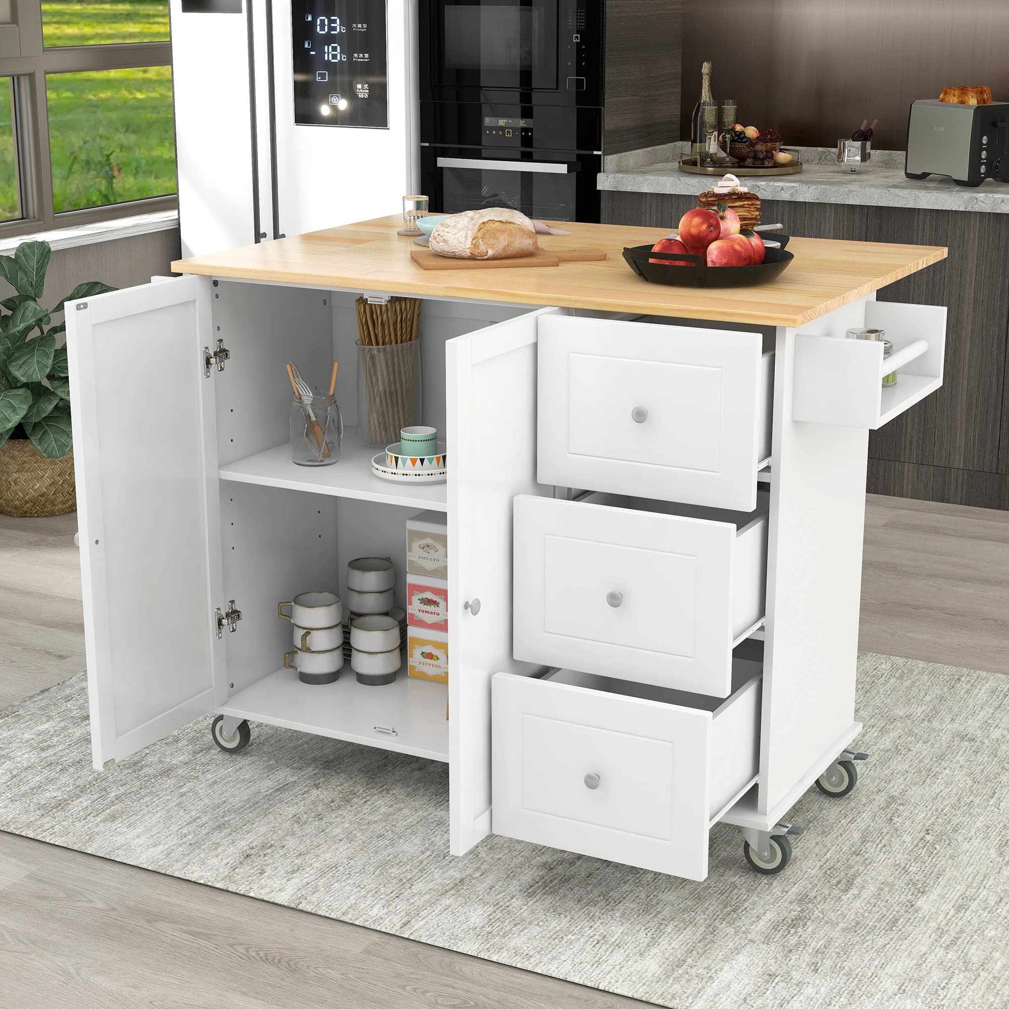 Îlot de cuisine mobile roulant avec plateau en bois massif et roues de verrouillage, armoire de rang