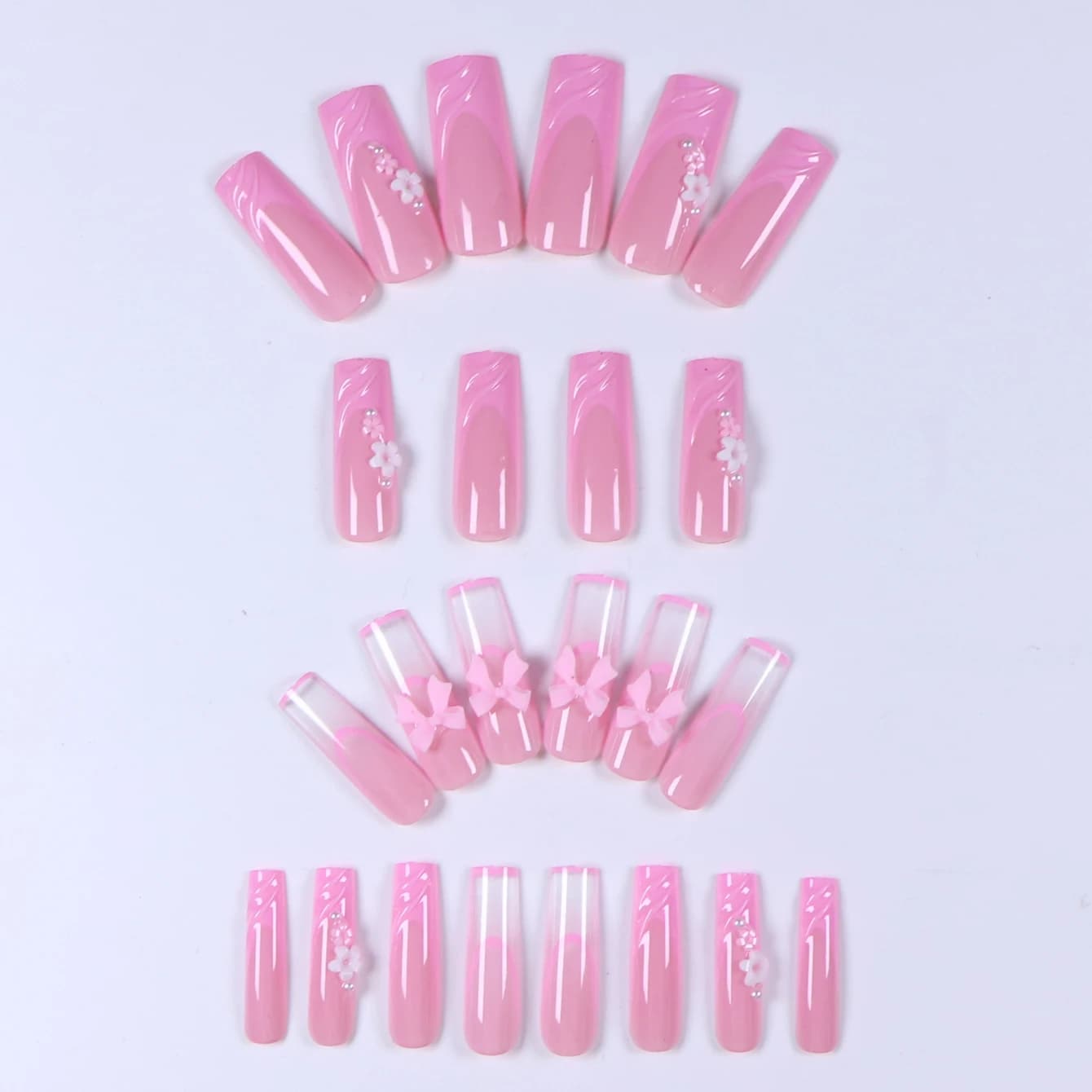 24 pièces- Faux ongles longs en forme de cercueil, papillon tridimensionnel rose, décoration florale