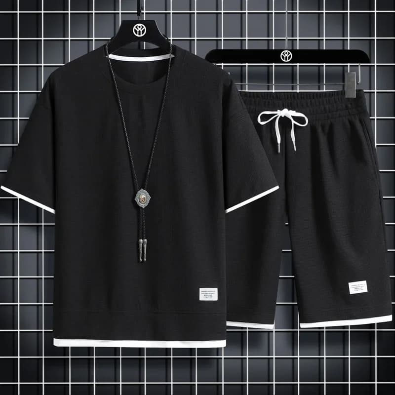 Ensemble de sport d'été pour hommes, T-Shirt + Short décontracté, couleur unie gaufrée, Short à manc
