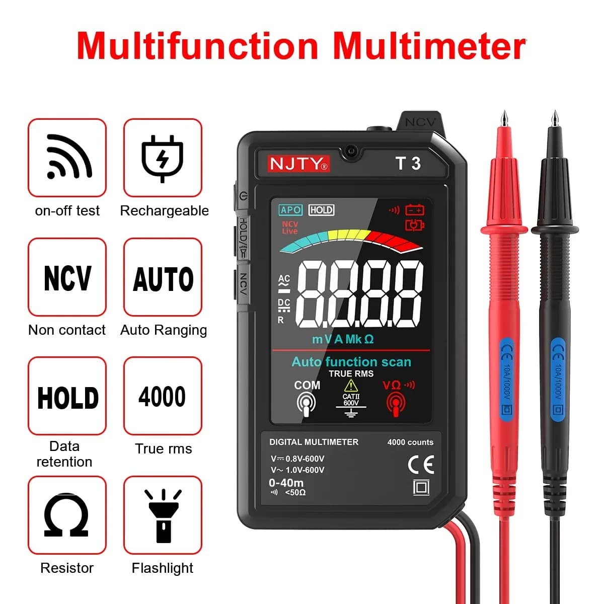 NJTY T3 multimètre numérique intelligent type-c charge automatique 4000 points Ultra-mince NCV fil s