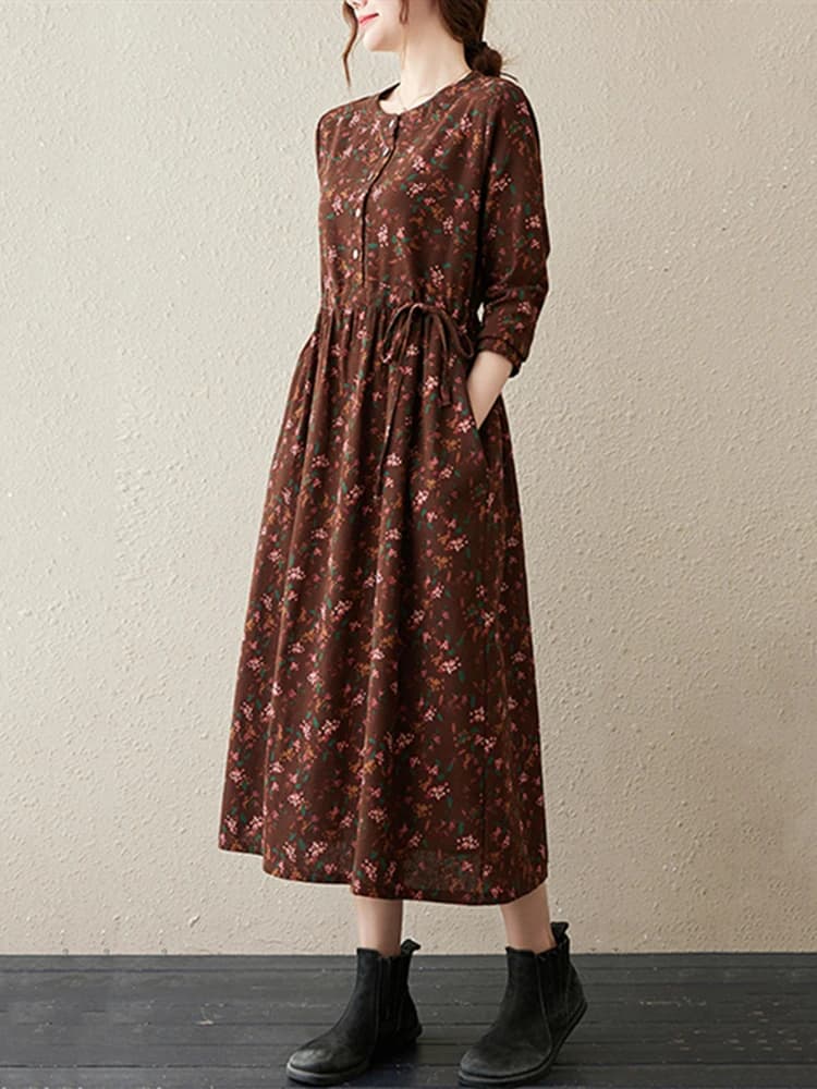 Robes à manches longues en coton et lin à imprimé floral vintage pour femmes, nouvelle collection pr