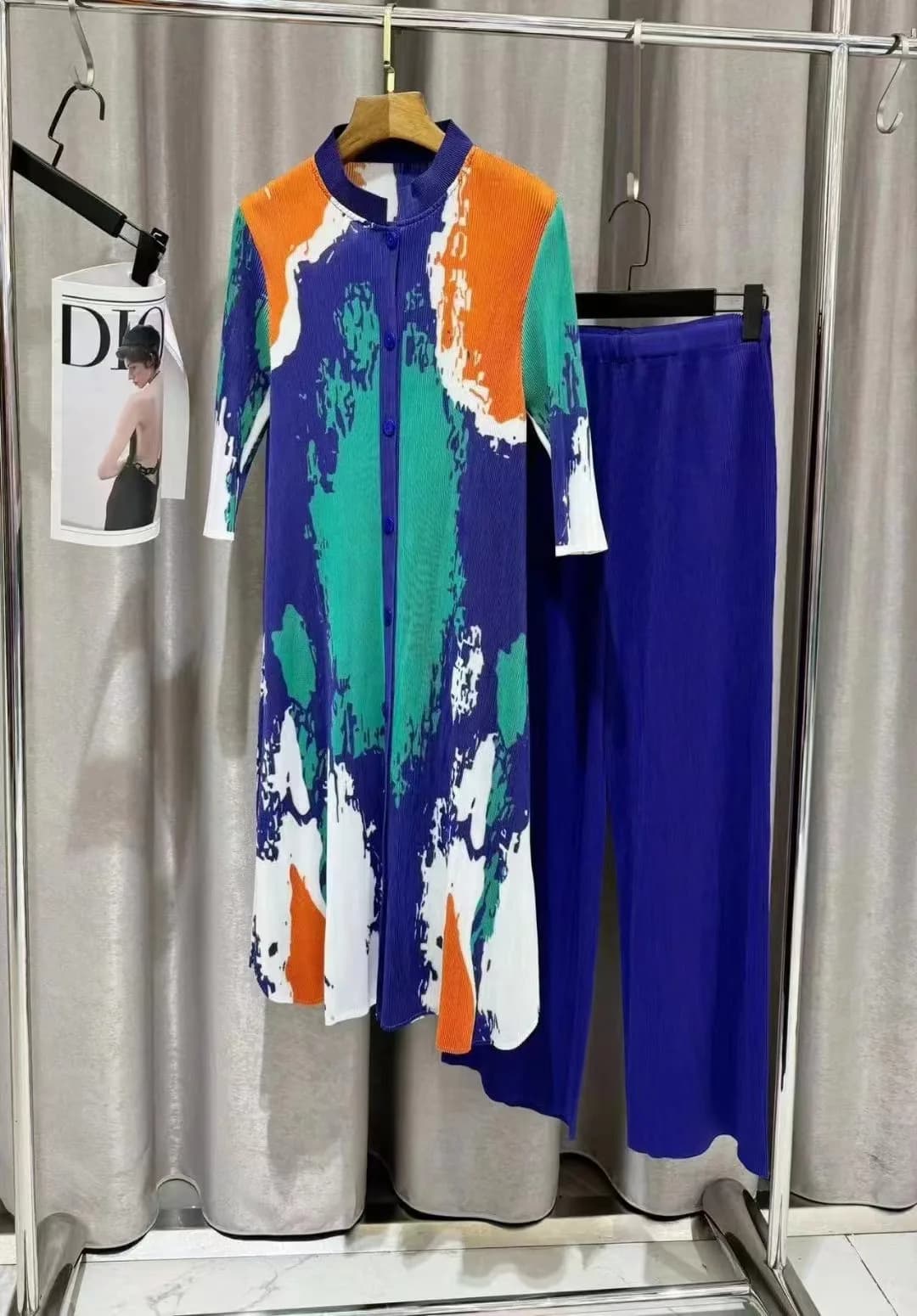 Ata Yaki-Robe Plissée à la Mode, Coupe Slim, Col Rond, Manches Trois Quarts, Jambes Larges, Pantalon