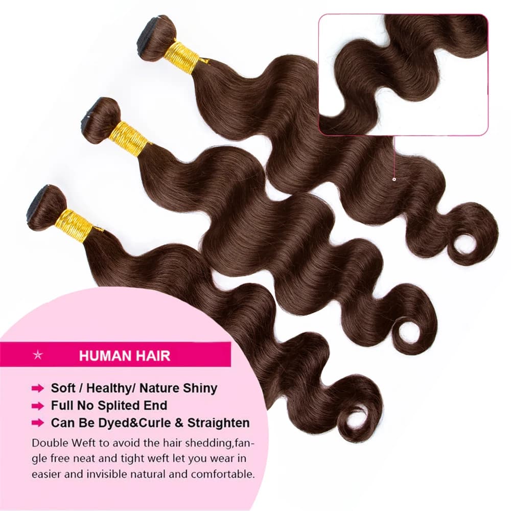 # 4 Bundles de Cheveux Humains Ondulés Brun Foncé 1/3 Pièces, Extensions de Cheveux Remy Brésiliens 
