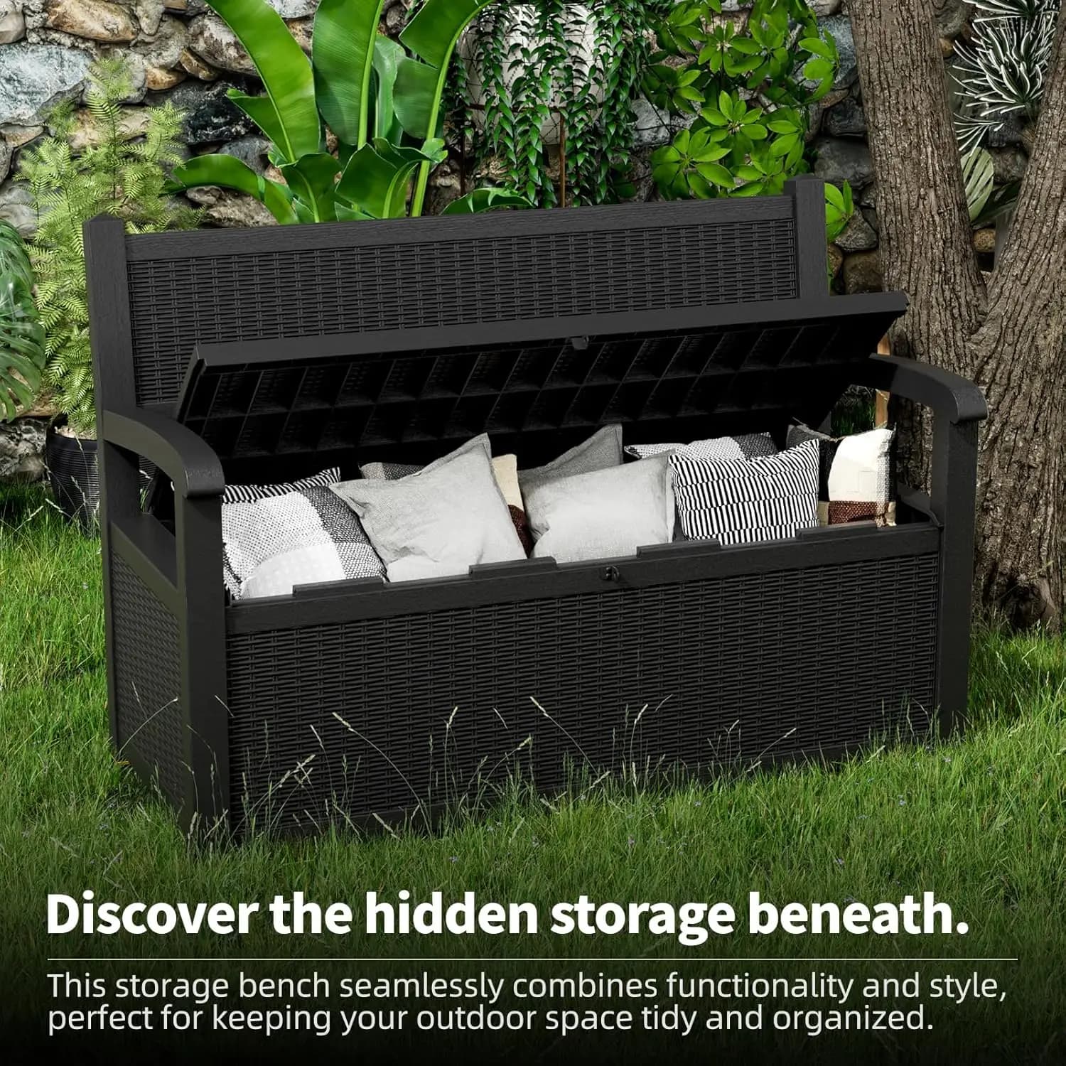 Banc de rangement extérieur de 80 gallons, boîte de rangement pour terrasse, imperméable, verrouilla