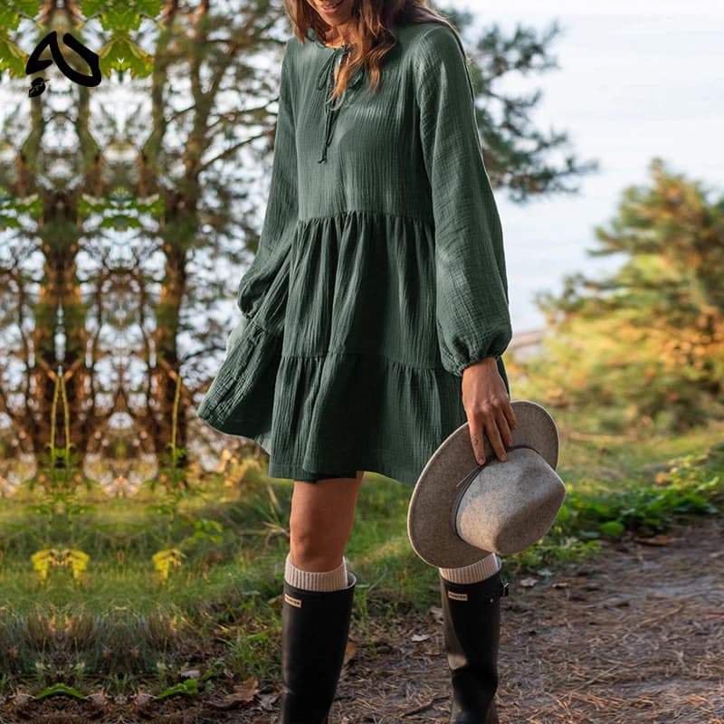 Original Robe en mousseline 100% coton, style rétro, ample, à lacets, à volants, manches longues, ve