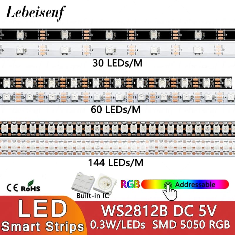 Bande lumineuse numérique adressable RGB, 1M, WS2812B, DC 5V, 0.3W/LED, 30/60/144, lampe, noir et bl