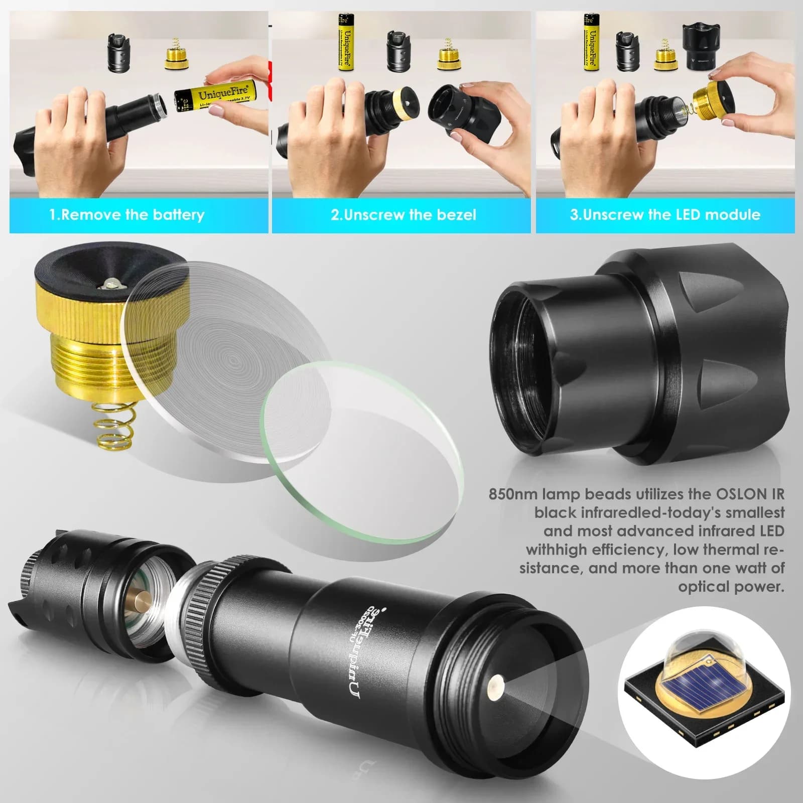 UniqueFire-Lampe de poche LED pour la chasse, 200OJ, objectif 44mm, Vcsel IR 940nm, 850 nm, 810nm, n