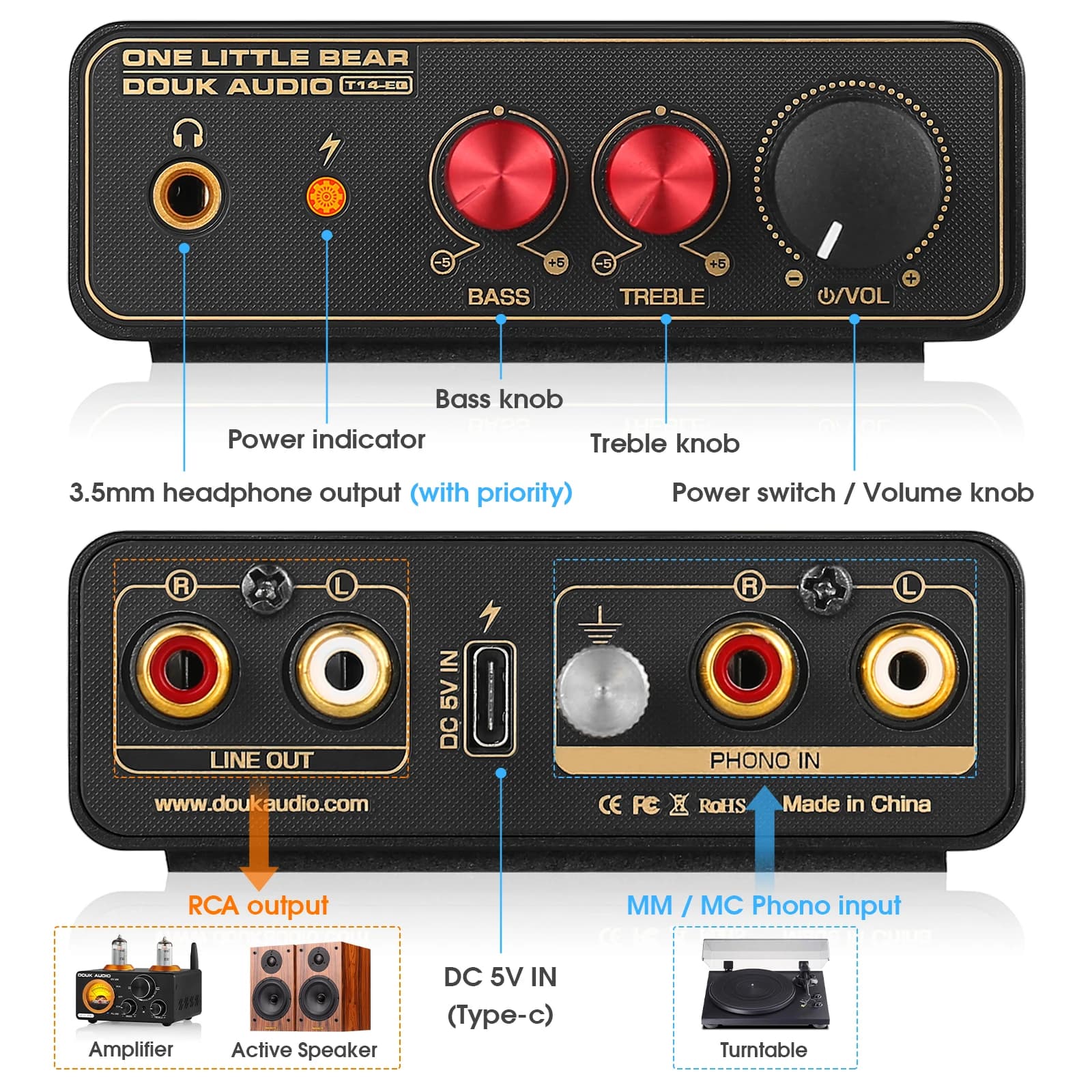 Douk Audio T14-EQ stéréo RIAA MM/MC préampli de scène Phono maison platine préamplificateur avec amp