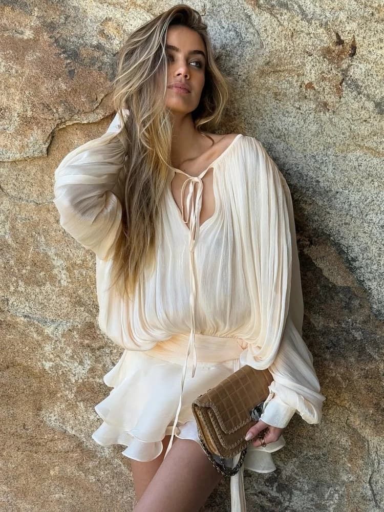 Robe à lacets pour femmes, col rond, ensemble deux pièces, Sexy, volants, plis, drapée, robe trapèze