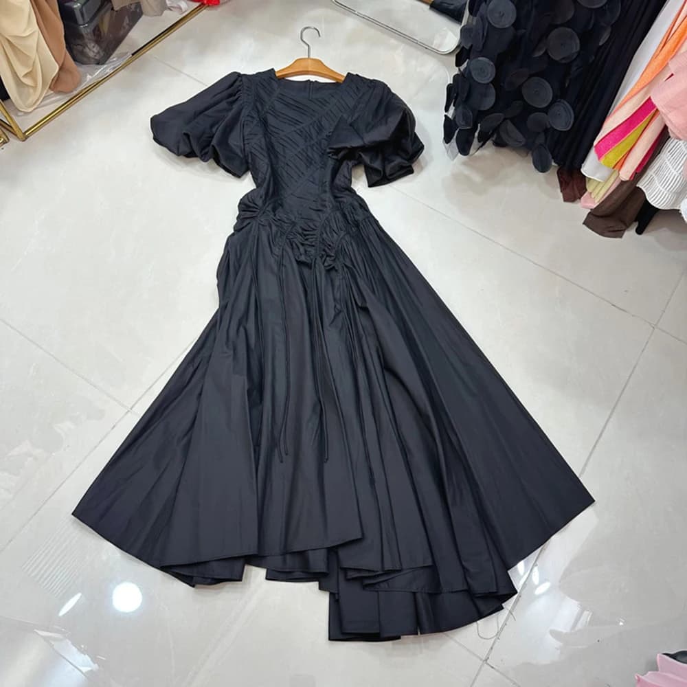 TWOTWINSTYLE tempérament robes solides pour les femmes col rond manches à bulles taille haute décont