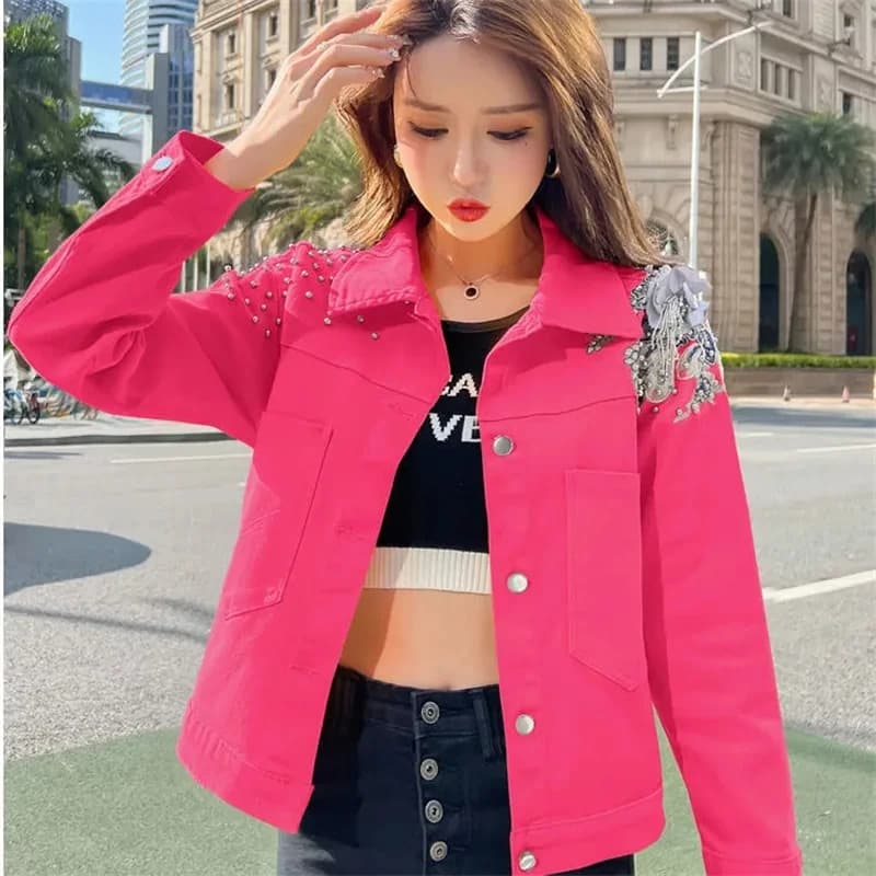 Veste Courte en Denim pour Femme, Couleurs Bonbons, Manteau en Jean avec Rivets Appliqués, pour Étud