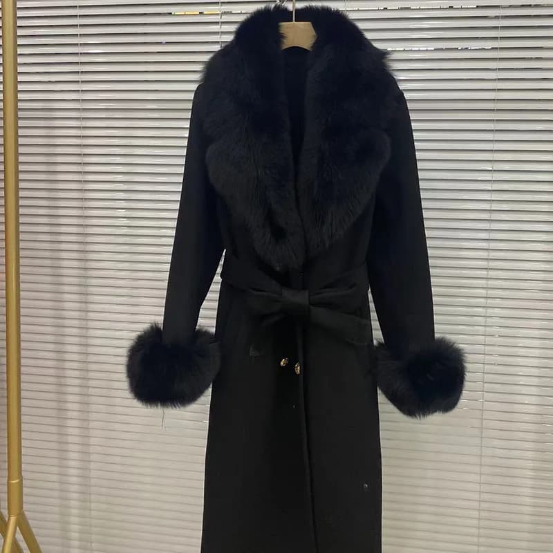 Manteau Long en laine mélangée pour femmes, avec grand col en vraie fourrure de renard, veste d'hive