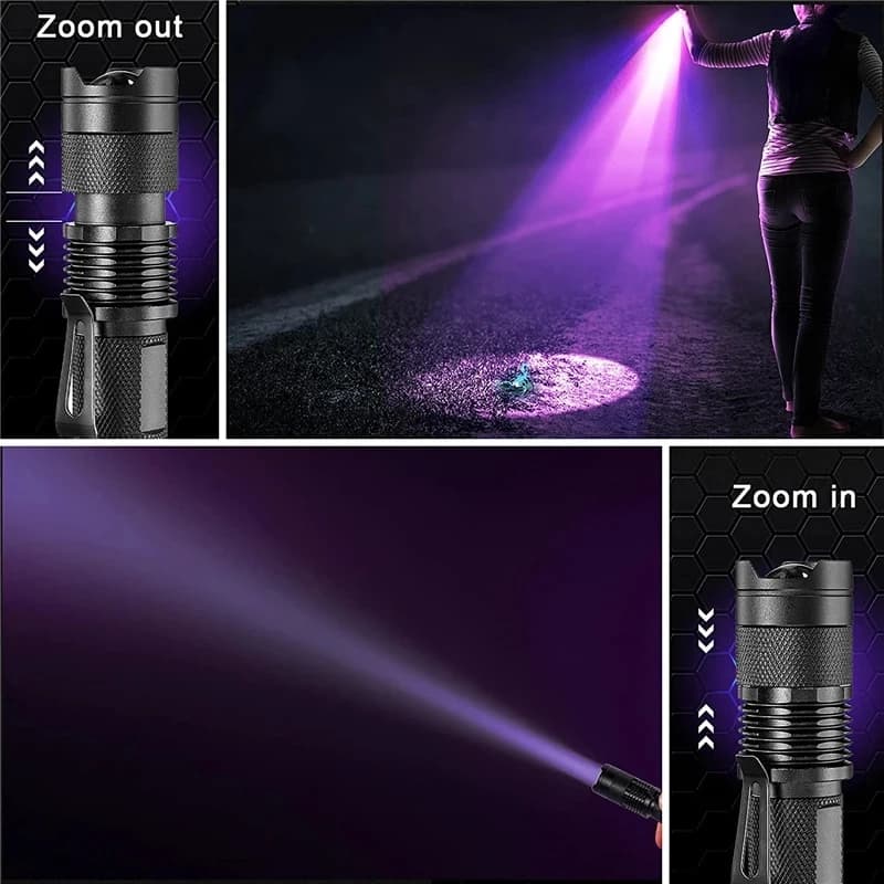 Lampe de poche LED UV portable, 365 nm, 395nm, mini torche ultraviolette, étanche, zoomable, verre, 