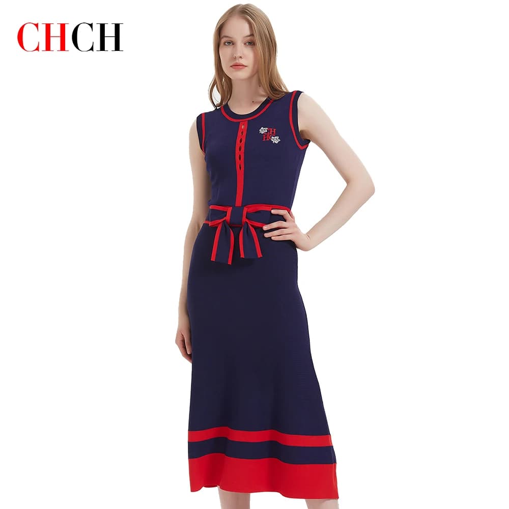 CHCH – robe longue tricotée sans manches pour femmes, tenue d'affaires Simple, bleu marine, nouvelle