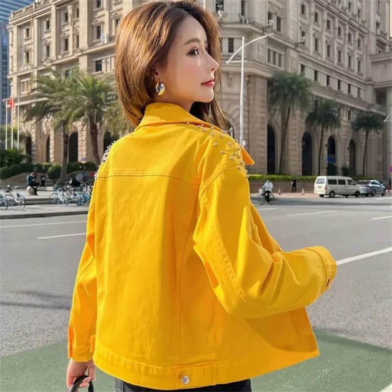 Veste Courte en Denim pour Femme, Couleurs Bonbons, Manteau en Jean avec Rivets Appliqués, pour Étud
