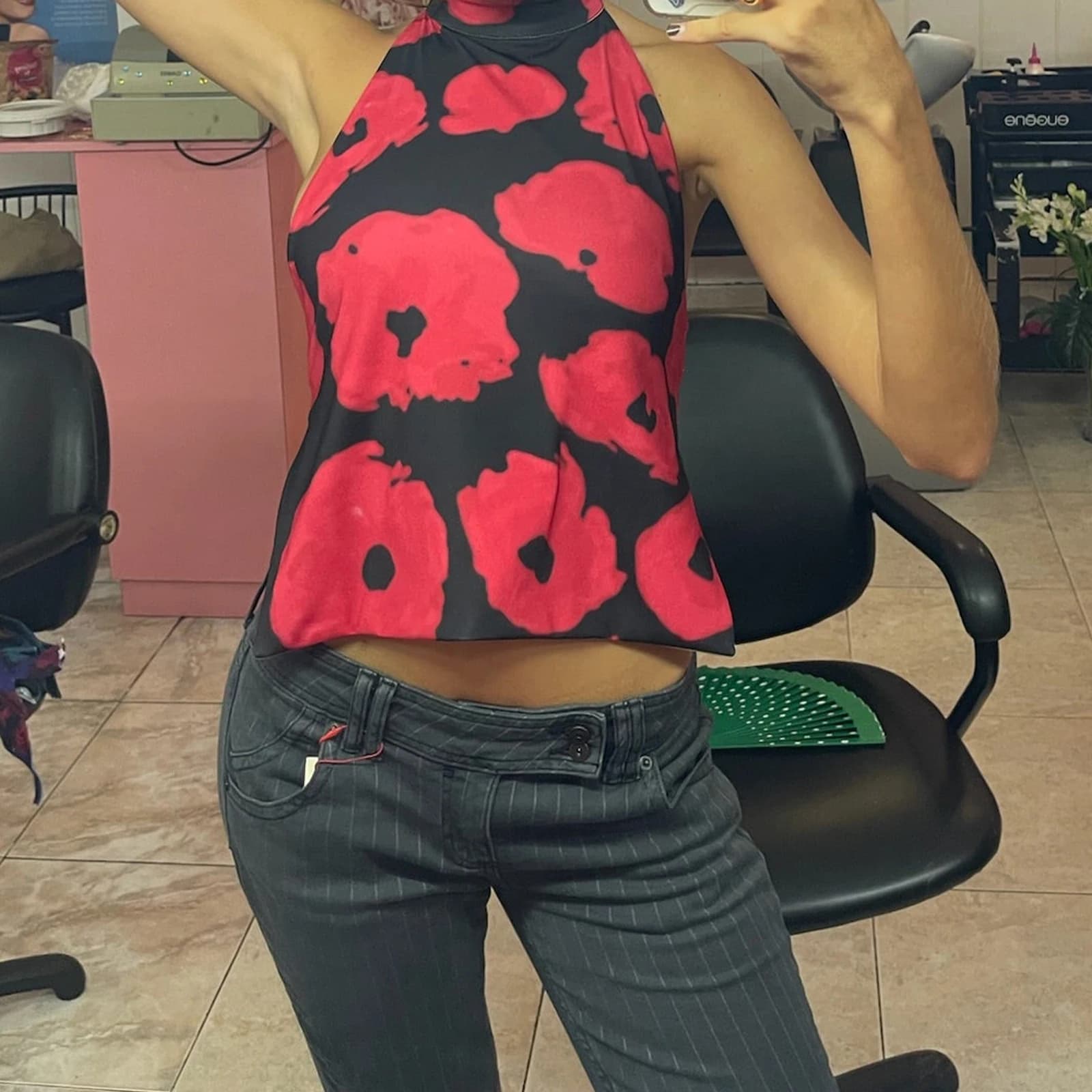 Haut à licou sans manches pour femmes, dos nu, imprimé points/fleurs, gilet d'été, doux et confortab