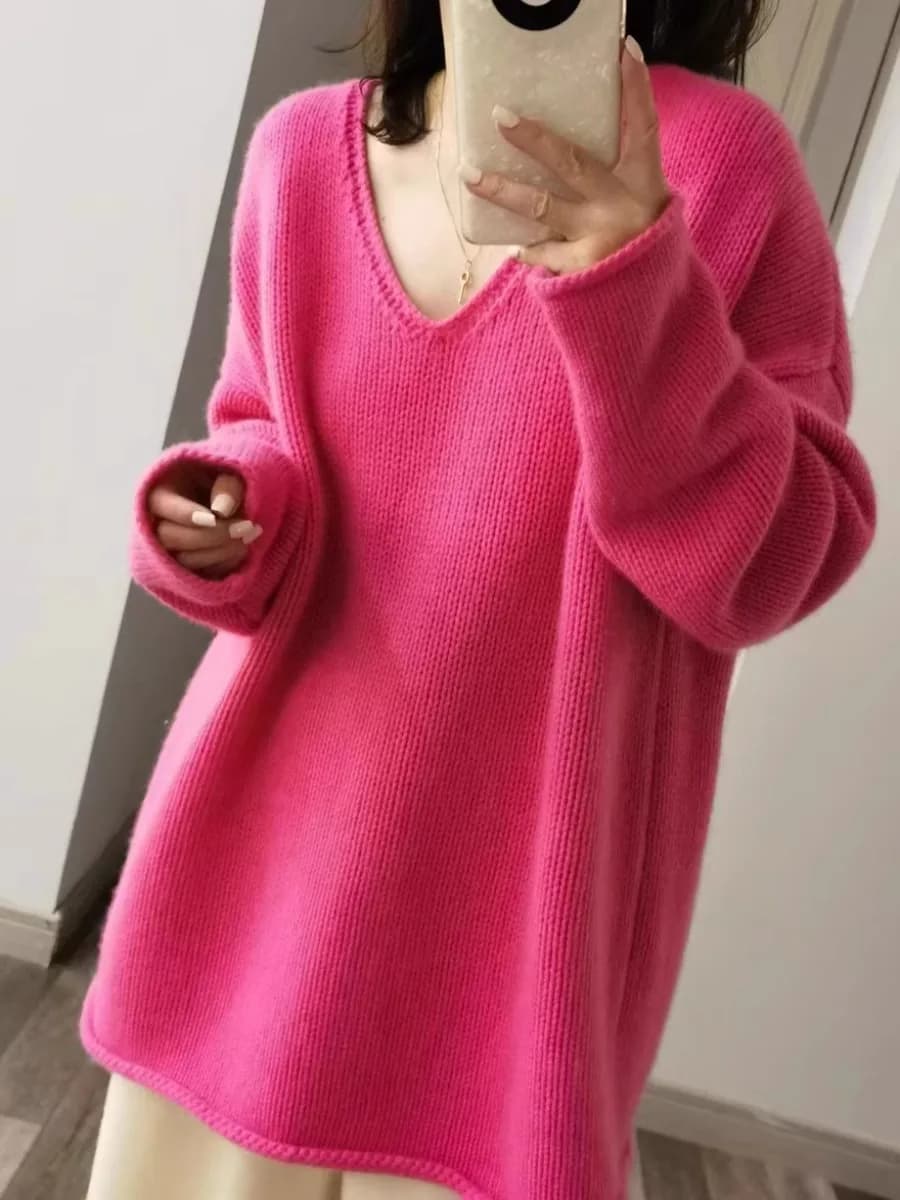 Pull en cachemire de luxe pour femme, rose, col en v, épaules tombantes, ample, en pure laine, nouve