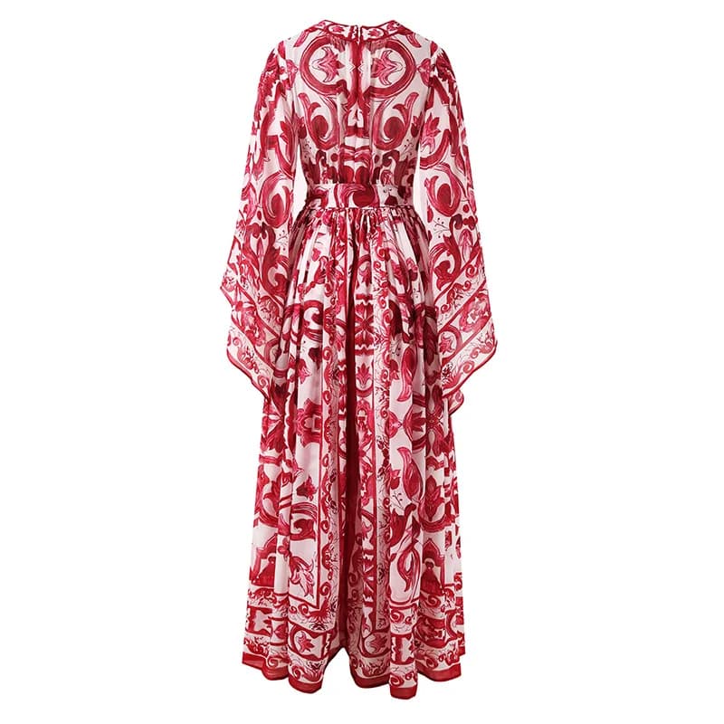 Robe de vacances à imprimé de porcelaine rouge bleu et blanc pour femmes, robe longue d'été, robe bo