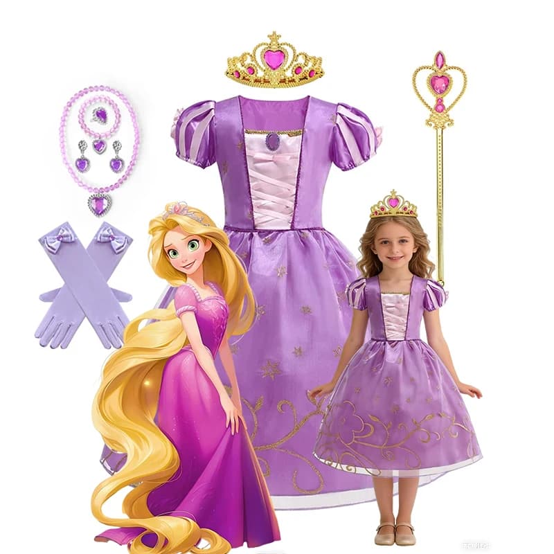Robe de princesse Raiponce à lacets avec broderie dorée pour enfants, déguisement de cosplay pour fi