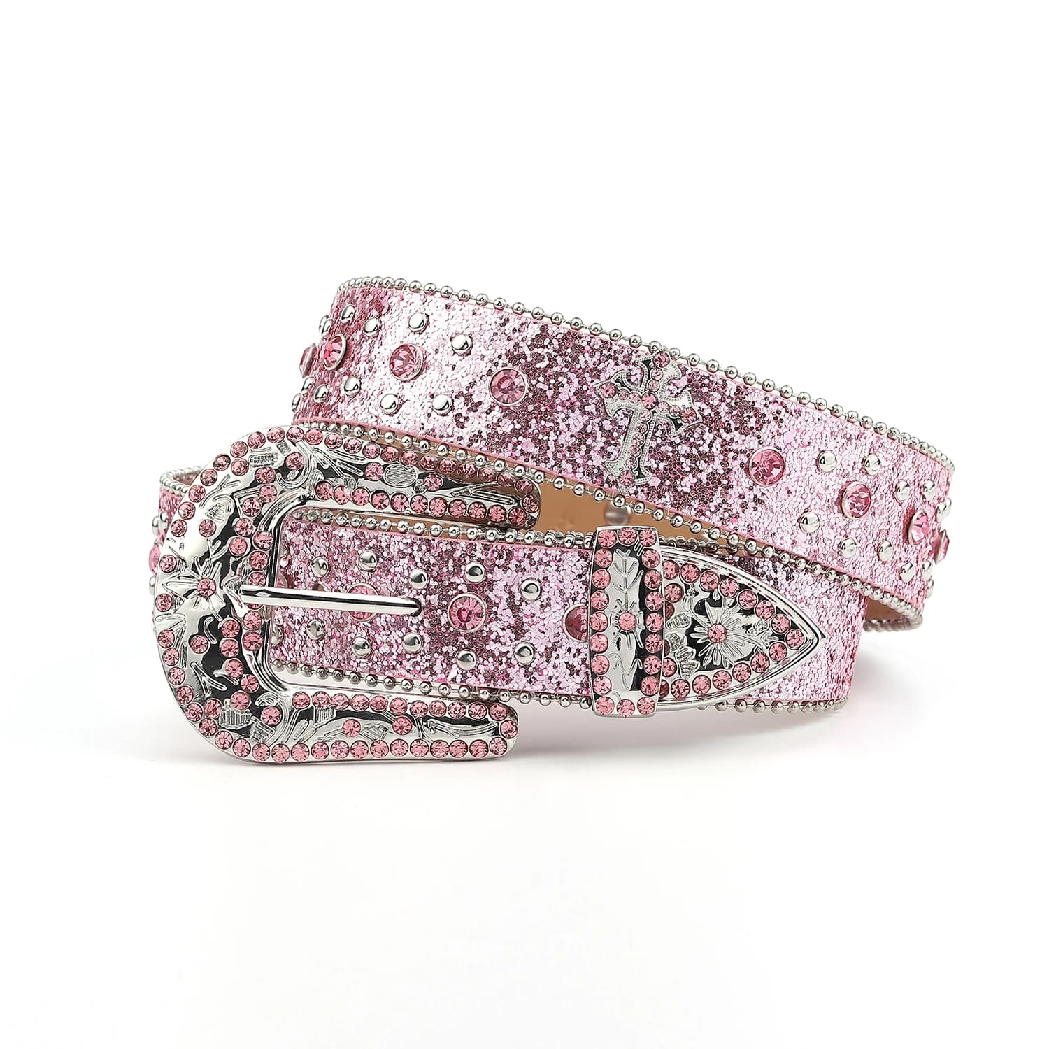 Ceinture en strass rose à rivets croisés scintillants, ceinture en cuir incrusté punk rock pour jean
