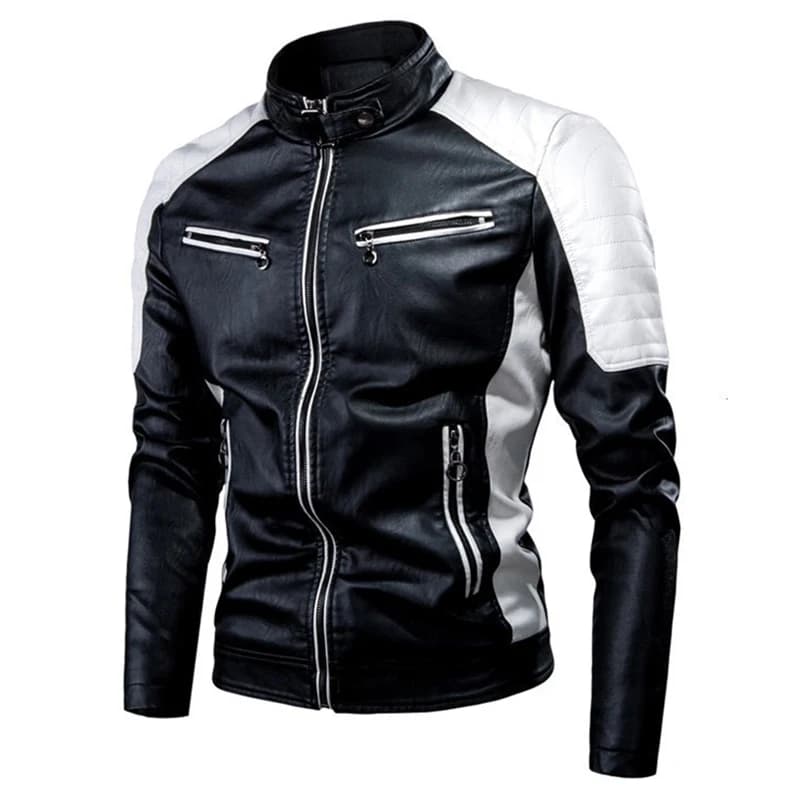 Veste de moto décontractée pour hommes – Noir à la mode, petit col montant, fermeture éclair à manch