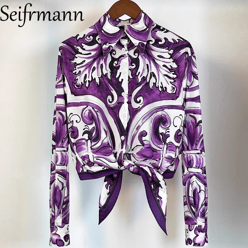 Seifrmann élégant femmes hauts col rabattu simple boutonnage à manches longues mode imprimé chemise 