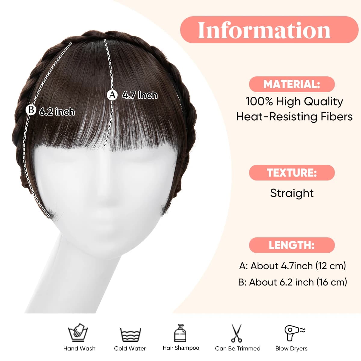Extension de frange de bandeau synthétique, faux cheveux, frange émoussée avec côtés longs pour femm