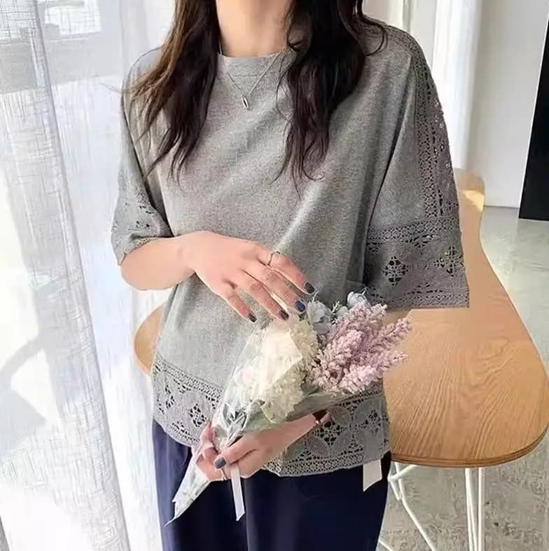 T-shirt amissié en dentelle pour femme, vêtement d'aviation, patchwork