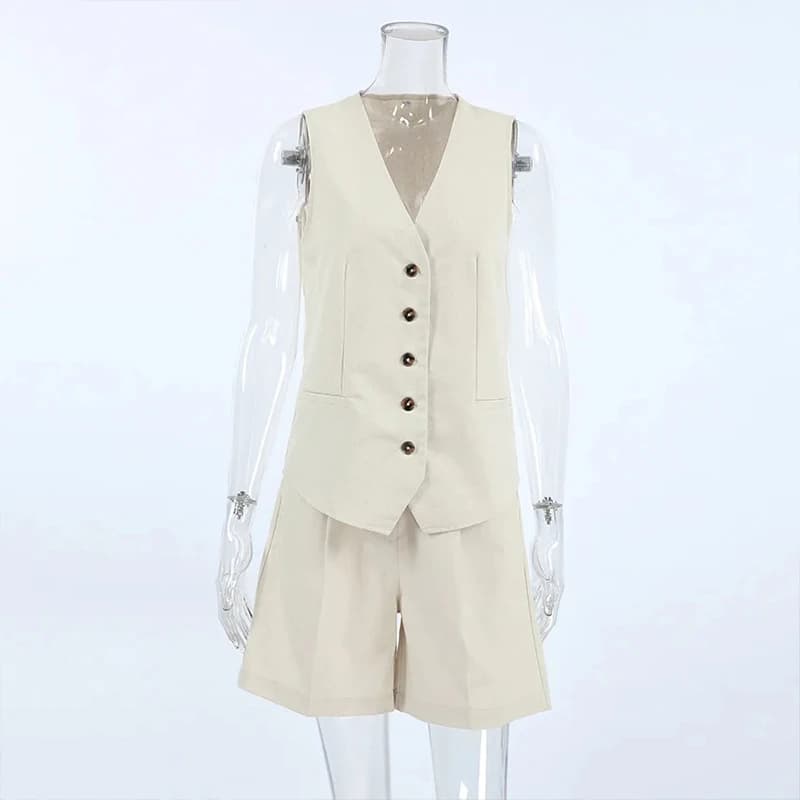 Ensemble de survêtement rétro en coton et lin pour femme, deux pièces, gilet chic à boutons + ensemb