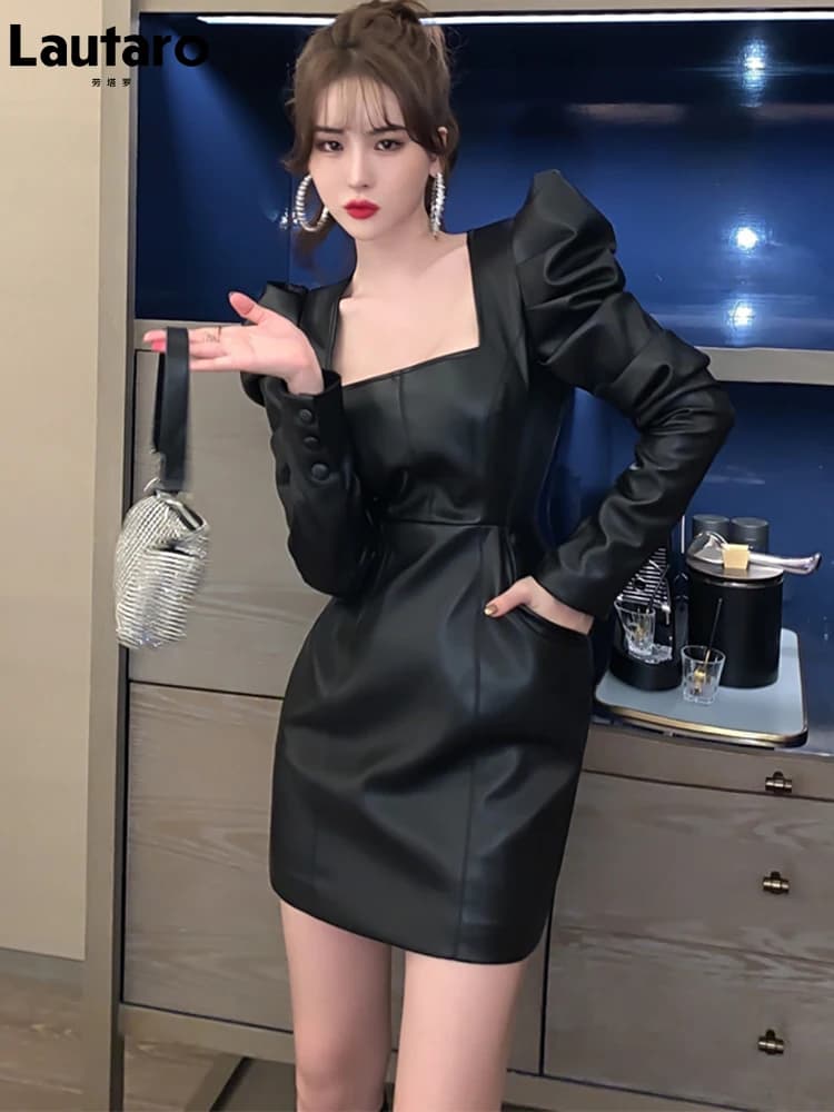 Lautaro-Mini robe en similicuir souple pour femme, manches bouffantes, col carré, vêtements fourreau