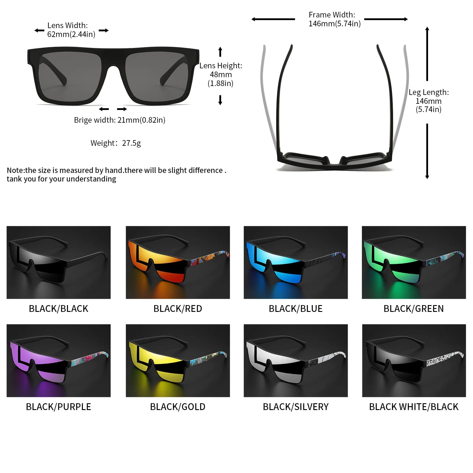 Lunettes de soleil de sport carrées colorées – Lentille une pièce avec branches à motifs, confort un