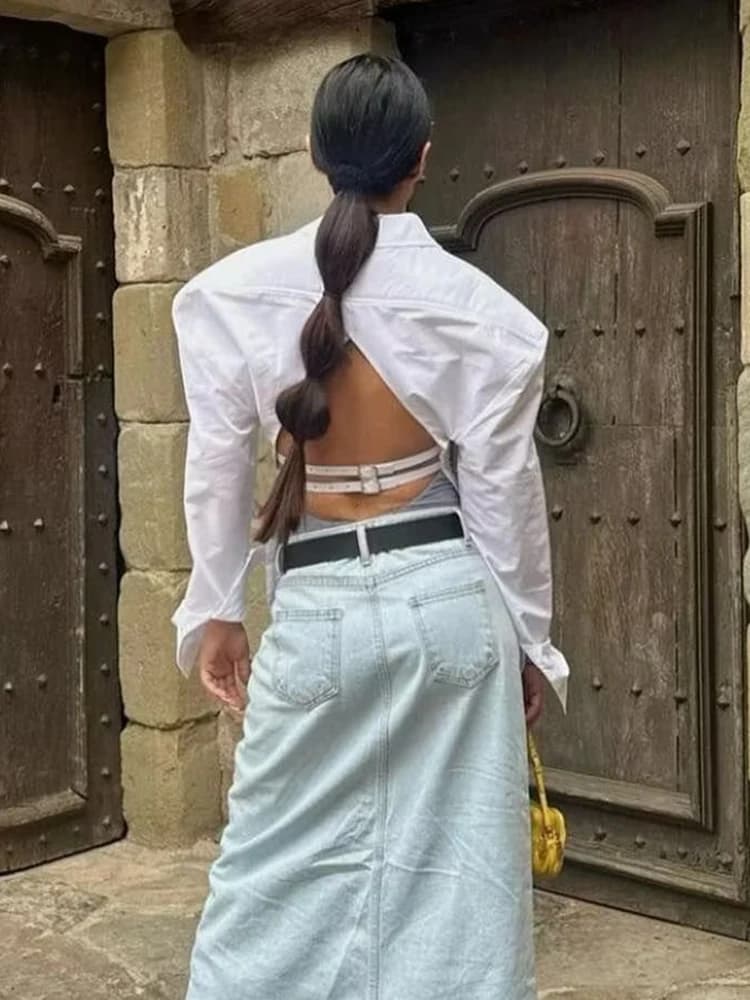 Vintage femmes élégant dos nu chemises 2023 mode dames décontracté à manches longues chemise blanche