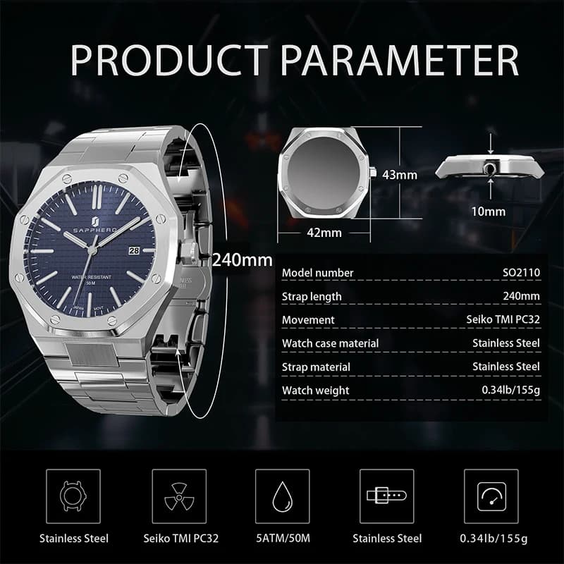 SAPPHERO montre pour hommes, bracelet en acier inoxydable, conception résistante à l'eau, calendrier