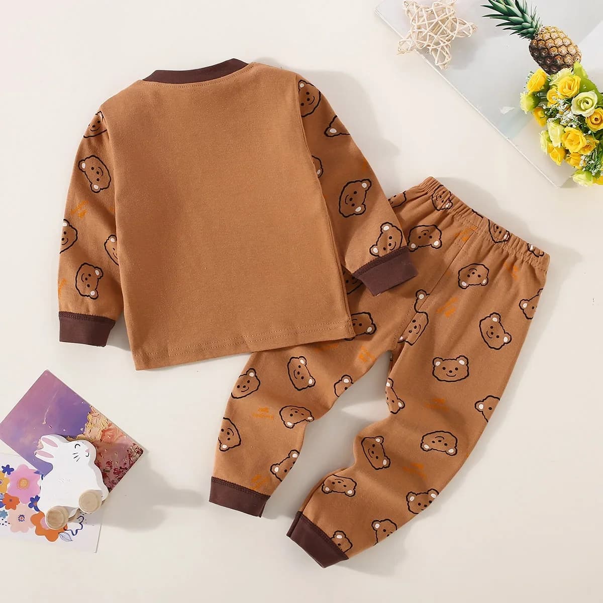 Ensemble de sous-vêtements pour garçons en coton avec lettrage et motif d'ours, haut à manches longu