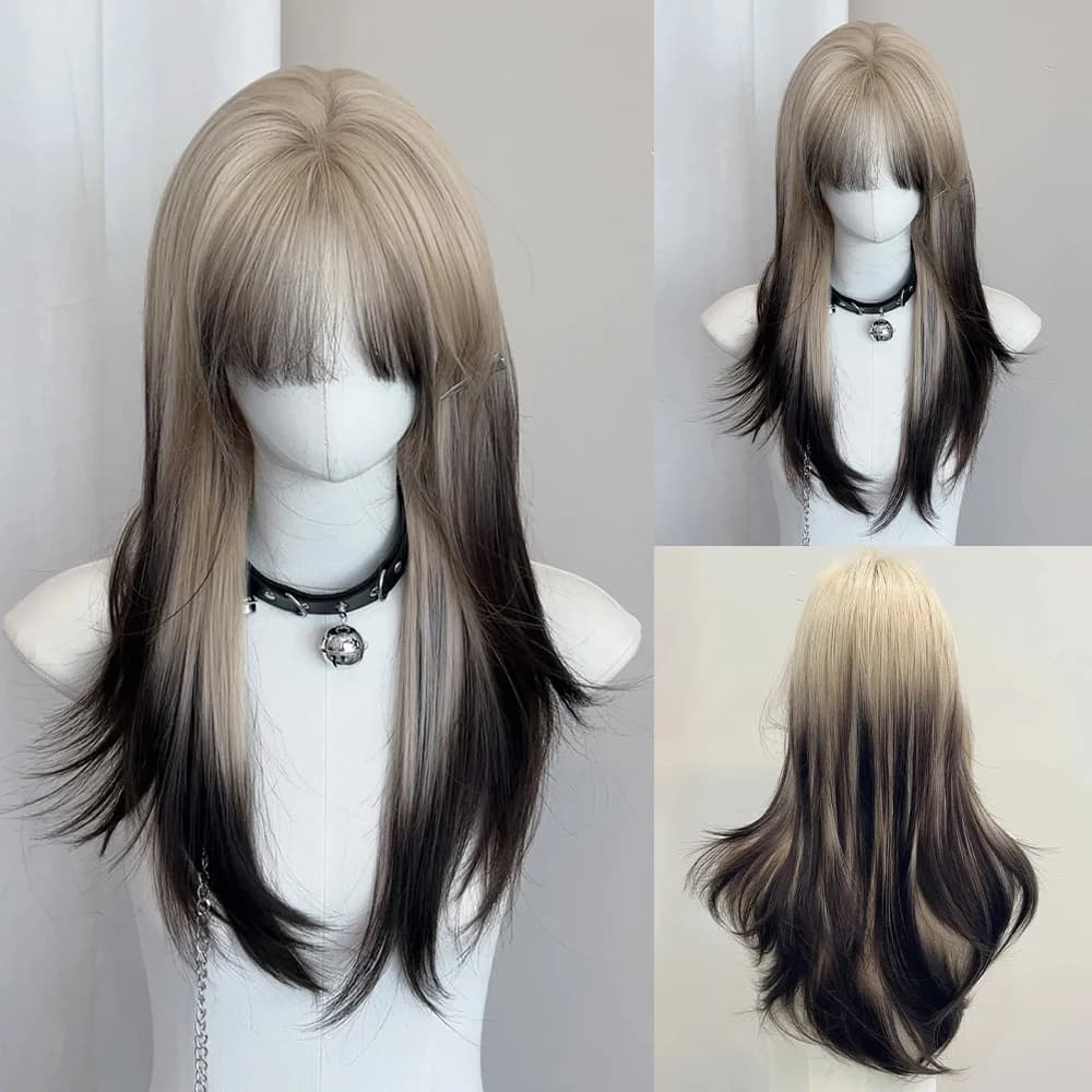 Perruque synthétique superposée noire Blonde ombrée pour Cosplay Lolita, perruque longue et lisse av