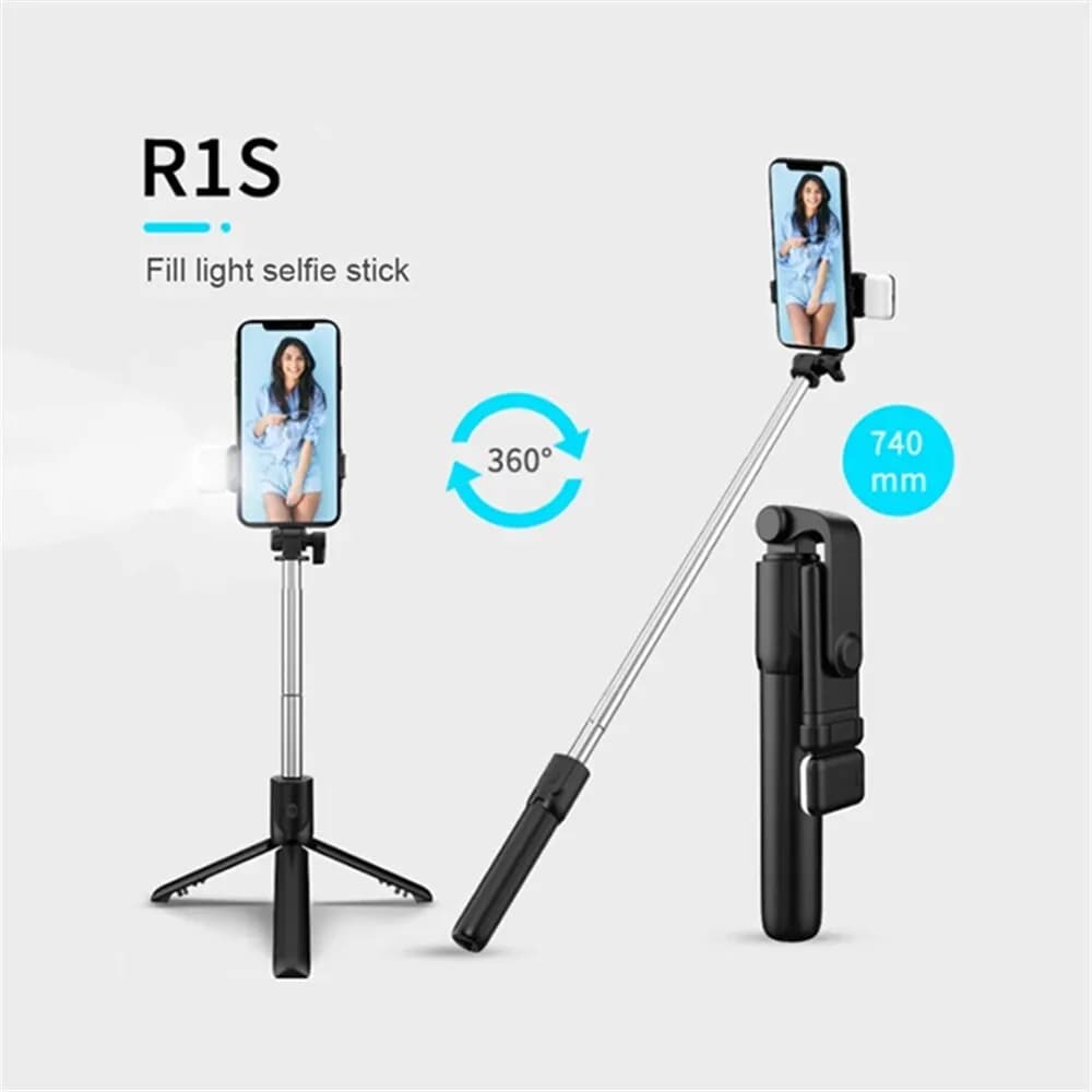 Trépied Portable Bluetooth pour perche à Selfie, avec obturateur à distance, lumière de remplissage,
