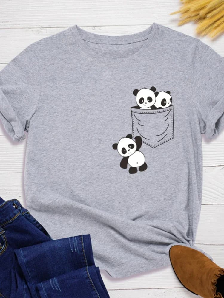 Poche Panda imprimer femmes t-shirt à manches courtes col rond lâche femmes t-shirt dames mode t-shi