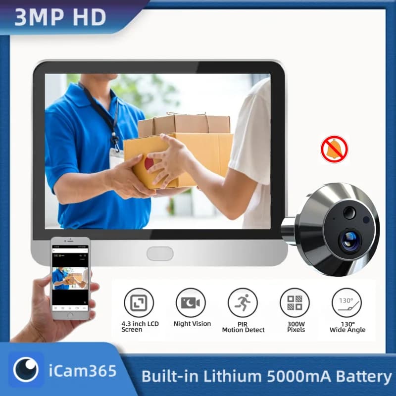 Caméra de porte sans fil WiFi ICam365 3MP, grand angle 130° °   Porte d'entrée numérique intelligent